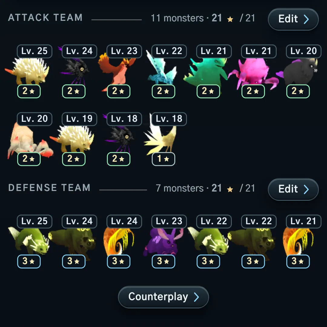 The Arena screen: an attack team of eleven monsters and a defense team of seven, each with its level and stars.
